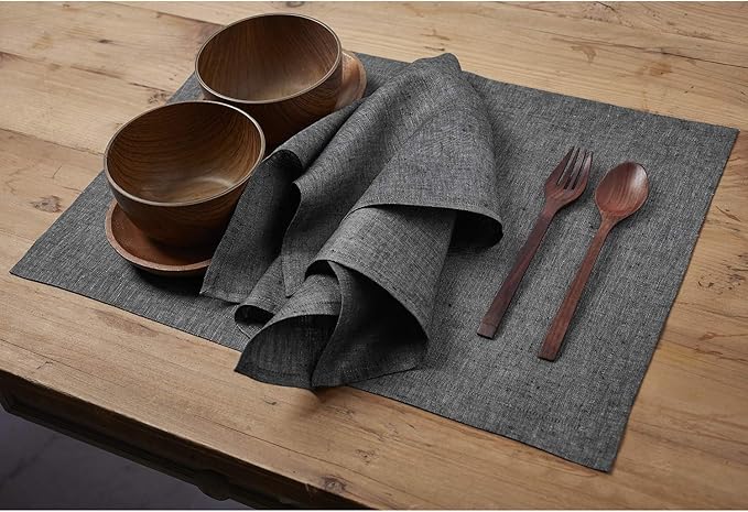 Solino Home Linen Placemats Set of 4 - Charcoal Grey Placemats 14 x 19 Inch - 100% Pure Linen Table Mats for Fall, Autumn, Winter, Thanksgiving - Athena