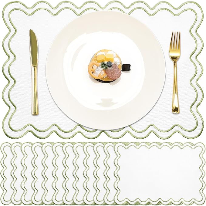 12 Set Linen Placemat 13x19 Wavy Embroidery Scalloped Placemat Double Layered Washable Farmhouse Dinner Table Mat Fabric Napkin for Christmas Hotel Restaurant Wedding Party(Grass Green)