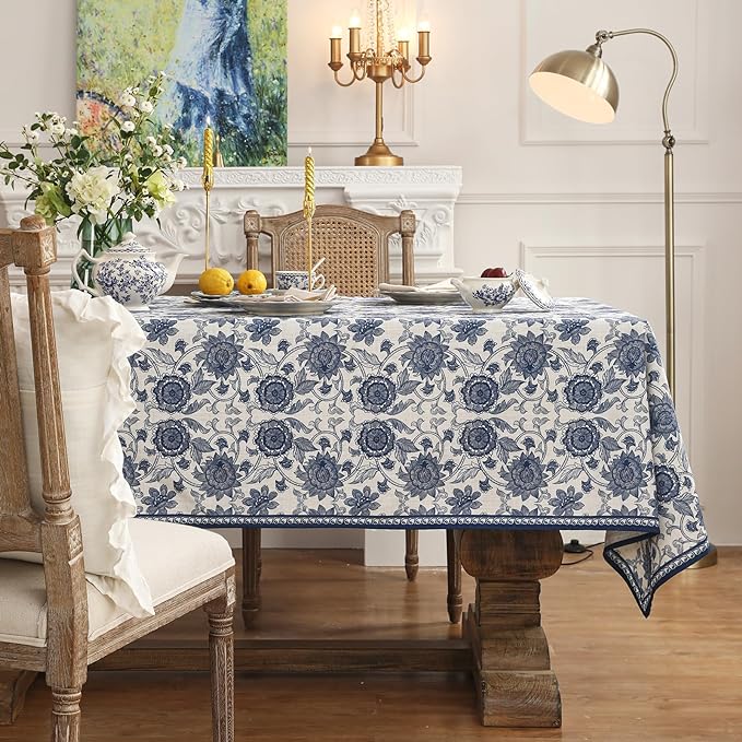 patdrea Designer Blue Tablecloth for Rectangle Tables,Vintage Elegant Linen with Paisley Floral Pattern Tablecloths,Farmhouse Flowers Table Cover Cloth Decor for Kitchen Dining Christmas,55"*87"