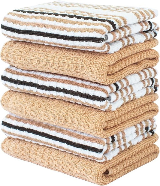 CRAFTSWORTH Kitchen Towels, 15x26 Inches, Pack of 6, 400 GSM, 100% Ring Spun Cotton, Tan Solid & Stripe, Super Soft & Absorbent