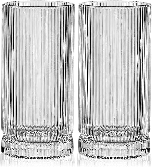 Ribbed Highball Glasses 16 oz - Set of 4 Vertical Drinking Glassware - Fits For Home Bars, Offices, or Restaurants - Water Glass Cups Dishwasher Safe