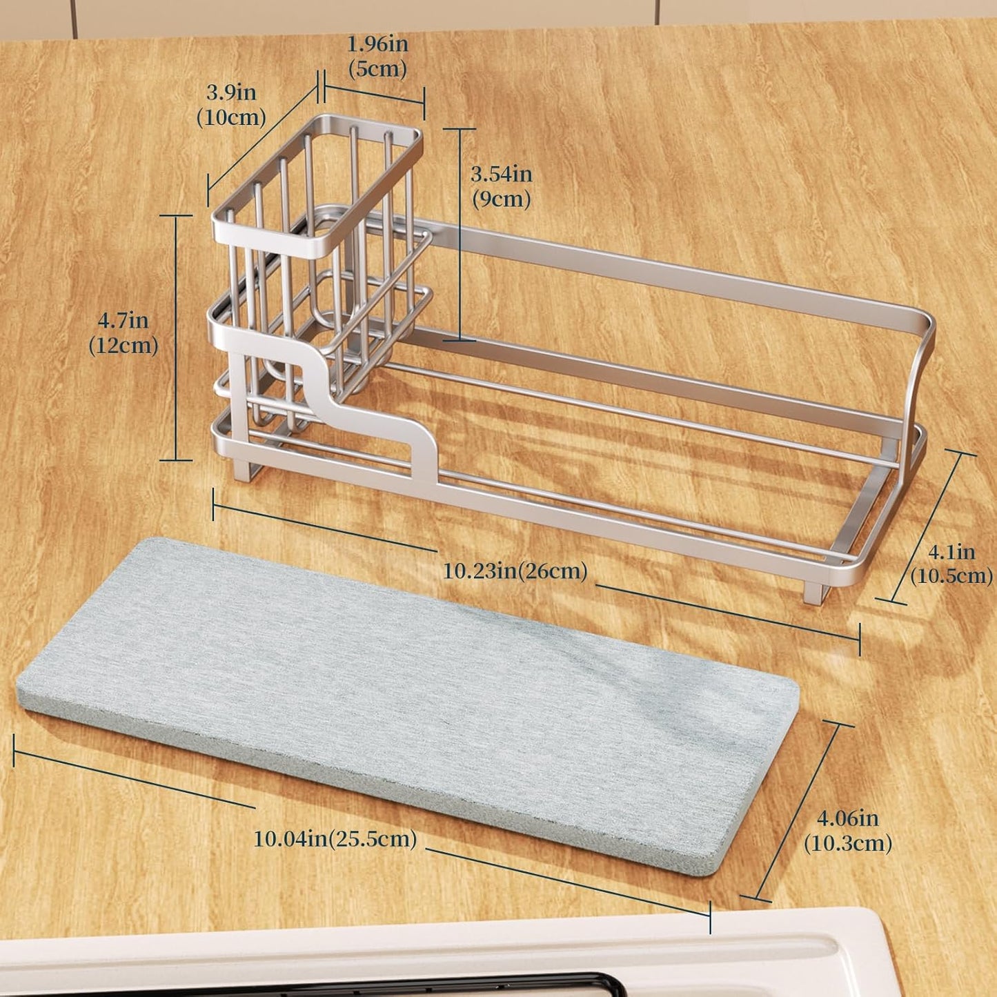 Consumest Sponge Holder for Kitchen Sink - Sink Caddy Organizer with Water Absorbing Stone Tray, Detachable Brush Holder, Stainless Steel Kitchen Counter Organizer Rack, Sand Nickel