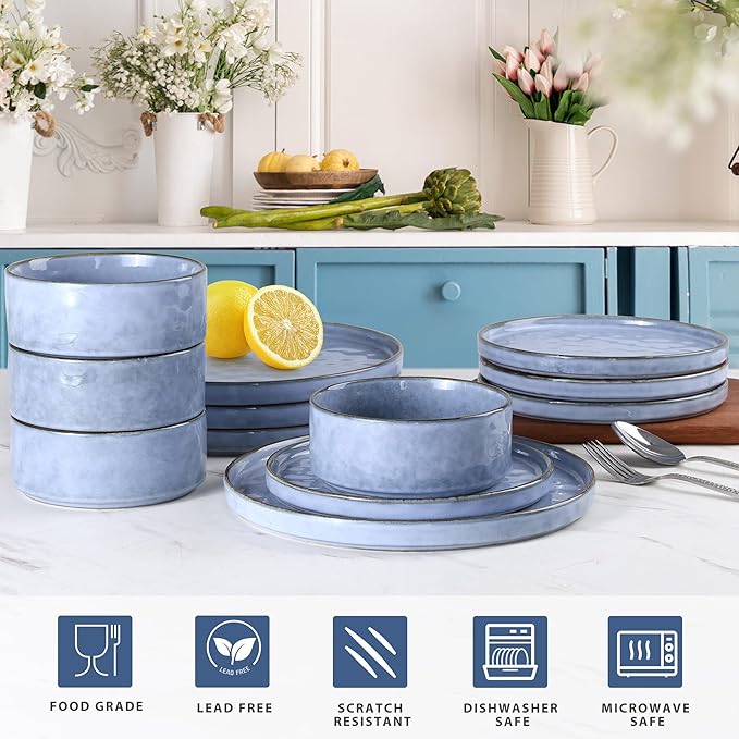 LIANYU 18 Pcs Dinnerware Sets for 6, Plates and Bowls Dinner Set, Stoneware Dish Tableware for Dessert Salad Pasta, Microwave & Dishwasher Safe, Serenity Blue