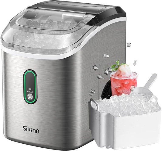 Silonn Nugget Ice Maker Countertop, Pellet Ice Machine with Self-Cleaning Function, Sonic Ice Maker Produces 33lbs of Chewable Ice in 24 Hours, Ideal for Home Kitchen and Office (Stainless Steel)
