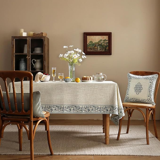 Floral Tablecloth for Rectangular Tables,Linen Table Cloth with Thorny Vine Flower Pattern,Heavy Durable Table Cover for Dining Thanksgiving Kitchen Decor Party Banquet Christmas,55"*79"