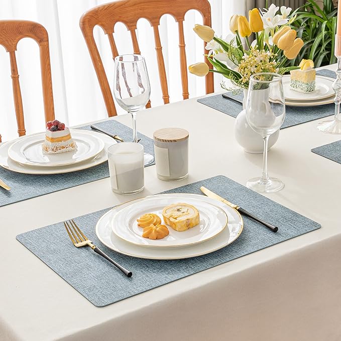 Romanstile Vinyl Placemats Set of 4-12 X 18 Inch - Heat Resistant Place Mats 100% Waterproof Oilproof Wipeable Reversible Faux Leather Table Mats for Kitchen/Dining/Party/Outdoor, Sky Blue