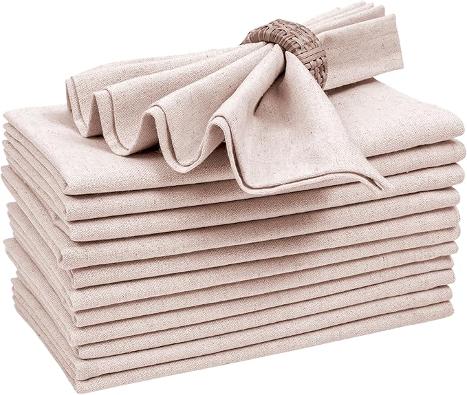 Bedding Craft Linen Flax Cotton Cloth Dinner Napkins Set of 12 – 18x18 Natural Hemstitched Reusable Fabric Napkins for Weddings, Parties, Dinners & Table Décor – Elegant & Durable