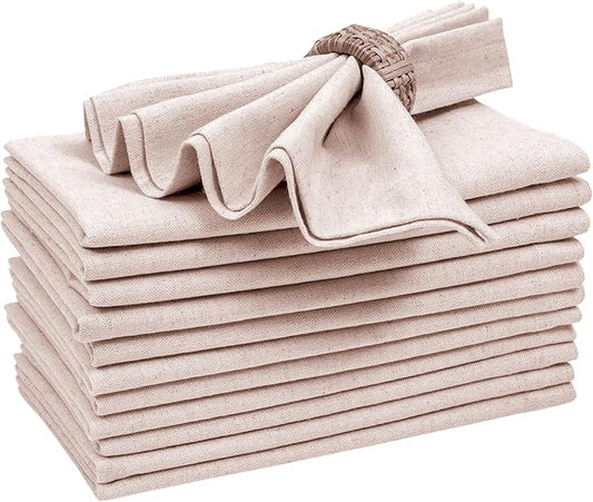 Bedding Craft Linen Flax Cotton Cloth Dinner Napkins Set of 12 – 18x18 Natural Hemstitched Reusable Fabric Napkins for Weddings, Parties, Dinners & Table Décor – Elegant & Durable