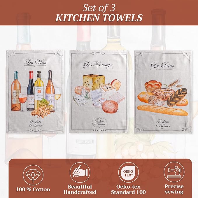 Maison d' Hermine Kitchen Towels Set of 3 100% Cotton 27.50" x 20" Reusable Cloth Tea Dish Towels Absorbent with Hanging Loop for Kitchen, Home, Dining, Cocktail Parties Spring/Summer (Terroir)