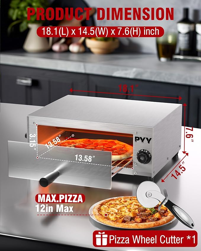 PYY Commercial Pizza Oven Electric - 12 Inch Tabletop Pizza Oven Indoor Stainless Steel Professional Pizza Cooker Baker Countertop with Timer & Crumb Tray for Home Restaurant 1100W,Silver