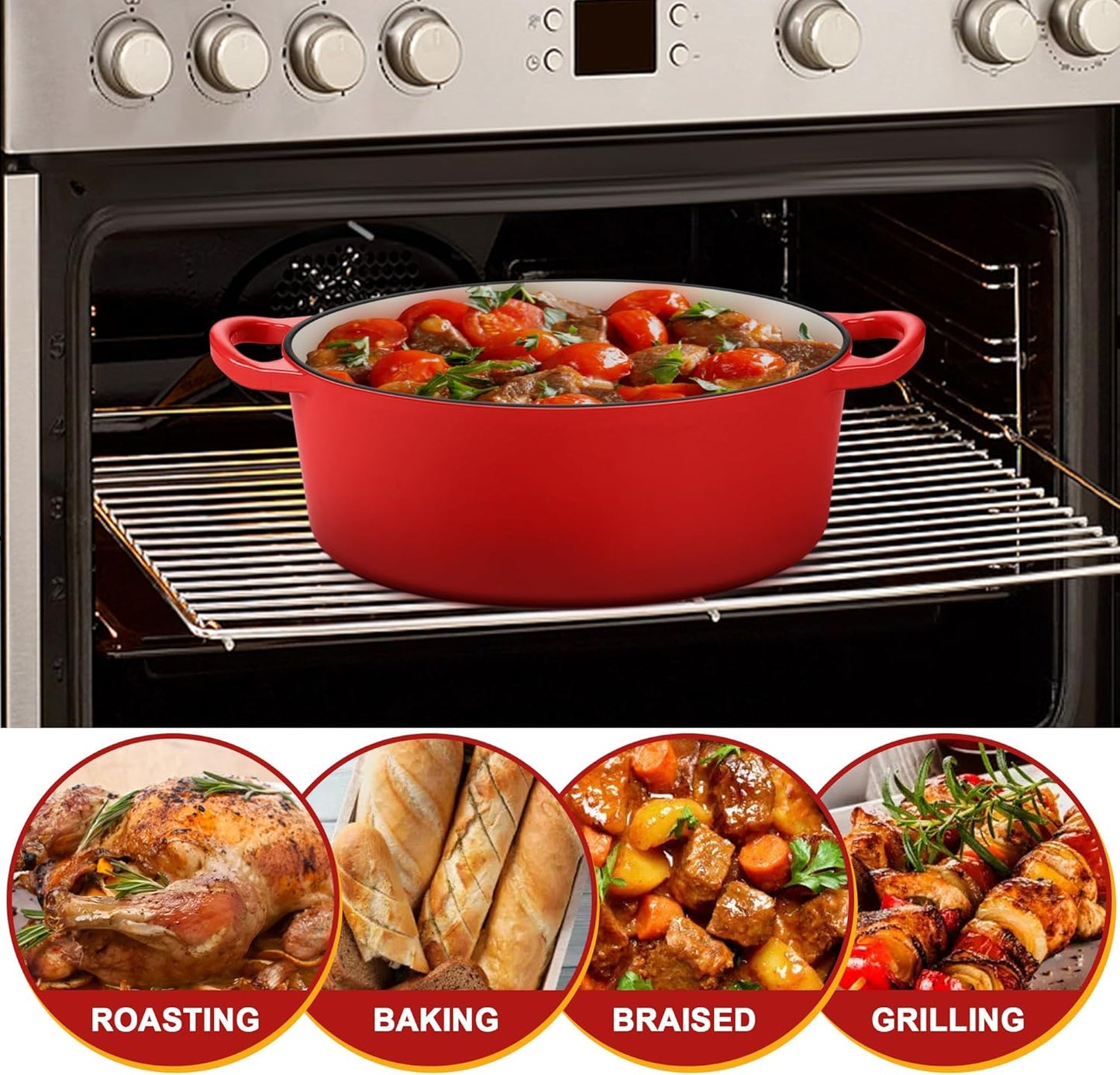 E-far 5QT Oval Dutch Oven Pot with Lid, Enameled Cast Iron Dutch Oven with Dual Handles for Sourdough Bread Baking Cooking, Nonstick Enamel Coated Cookware(Red), Non-Toxic & Easy Clean