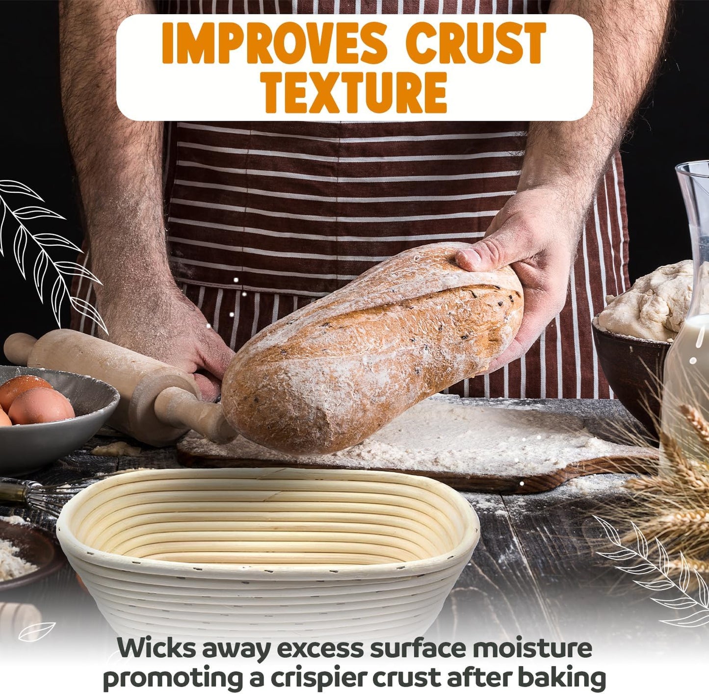 Banneton Bread Proofing Basket sourdough proofing basket for Beginners & Professional Bakers, Handwoven Rattan Cane Bread Maker with Linen for Artisan Breads, 8.5 x 3 In, 1-Pound Round Brotform