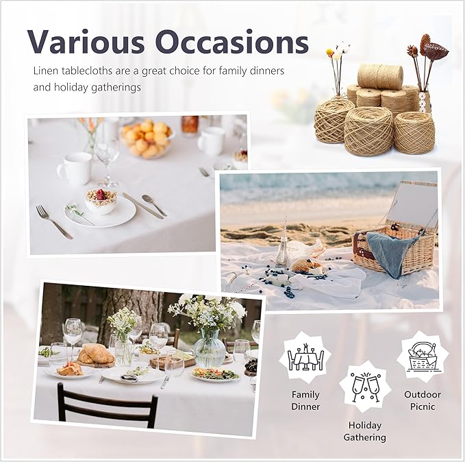 Linen World Linen Tablecloth, 100% French Linen White Tablecloth 132" x 90" Inch, Washable Rectangular Tablecloth for Dining, Outdoor, Weddings and Restaurants, Decorative Valentine Easter