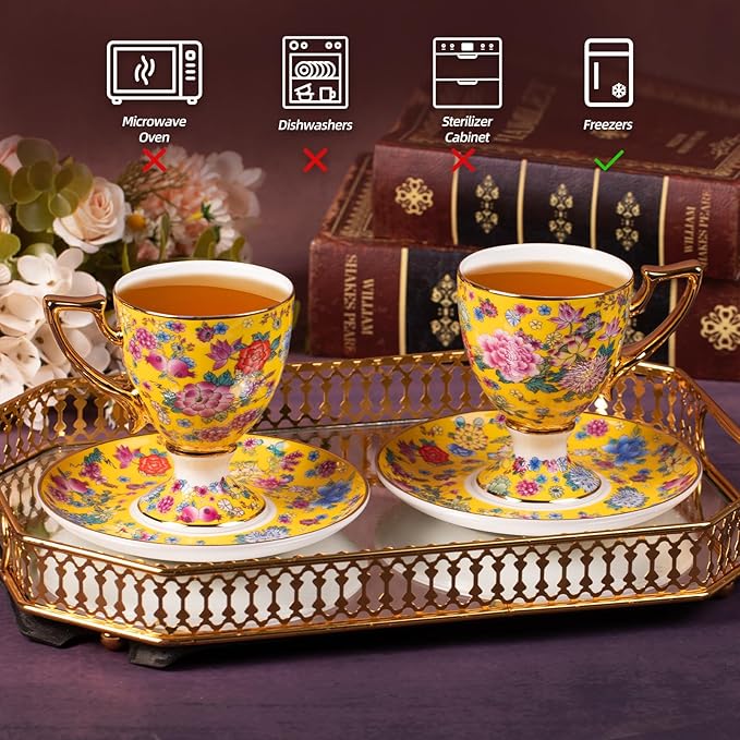 KAMMAK Tea Cups and Saucers Set of 2, Porcelain Coffee Cups with Saucer for Espresso, Cappuccino, 7oz Vintage Yellow Floral Ceramic Demitasse Mug for Home, Tea Party, Office