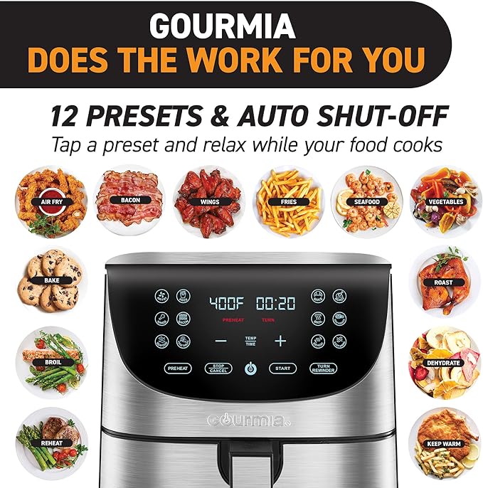Gourmia Air Fryer Oven Digital Display 7 Quart Large AirFryer Cooker 12 Touch Cooking Presets, XL Air Fryer Basket 1700w Power Multifunction GAF778 Black and stainless steel air fryer FryForce 360°