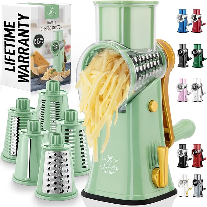 Zulay Kitchen Rotary Cheese Grater 5 Blade Cheese Shredder - Manual Hand Crank Cheese Grater With Reinforced Suction & 5 Interchangeable Drums - Easy to Use, Vegetable Chopper Round Mandoline Slicer