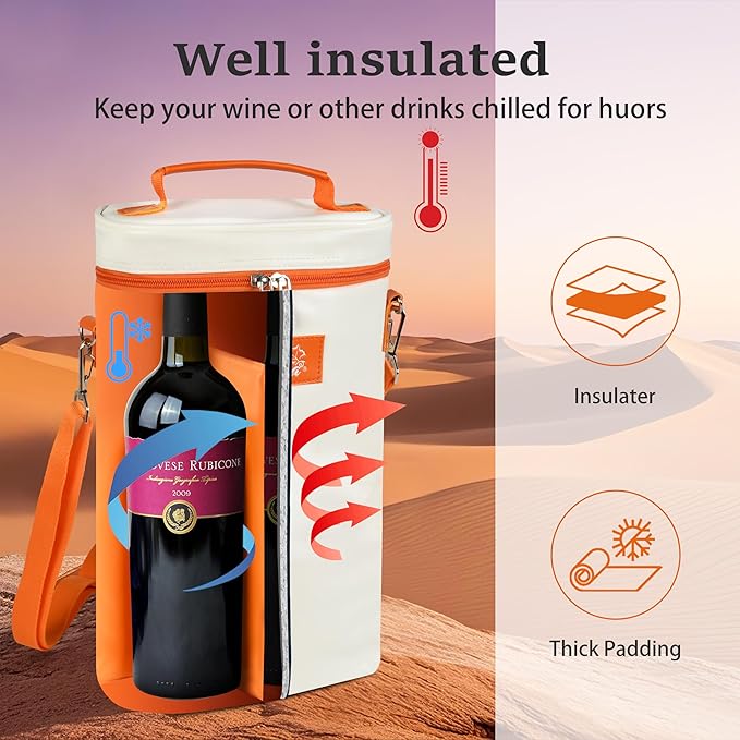 Tirrinia 2 Bottle Wine Gift Tote Carrier - Leakproof & Insulated Padded Versatile Wine Cooler Bag for Travel, BYOB Restaurant, Wine Tasting, Party, Dinner, Gift for Wine Lovers, White Orange