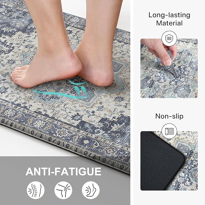 GENIMO Kitchen Mats for Floor, Washable Anti Fatigue Mat for Cushioned, 17.3"x59", Waterproof Kitchen Rugs, Non Slip Foam Comfort Standing Mat Rug for Home, Runner, Sink, Laundry, Center Blue