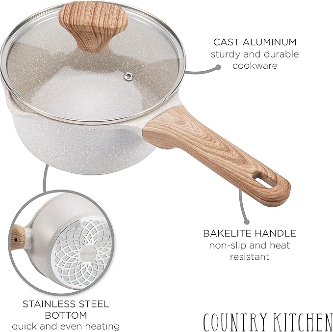 Country Kitchen Non-Stick Cast Aluminum Cookware Set - Durable Kitchen Cookware for Everyday Cooking, Speckled Cream, 6 Pc.