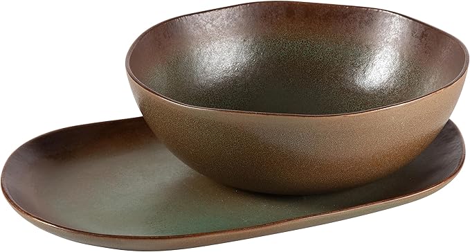 Bloomhouse Palermo Sun 2 Piece Serving Bowl and Oval Platter Stoneware Reactive Glaze Serveware Set - Cardamom Green