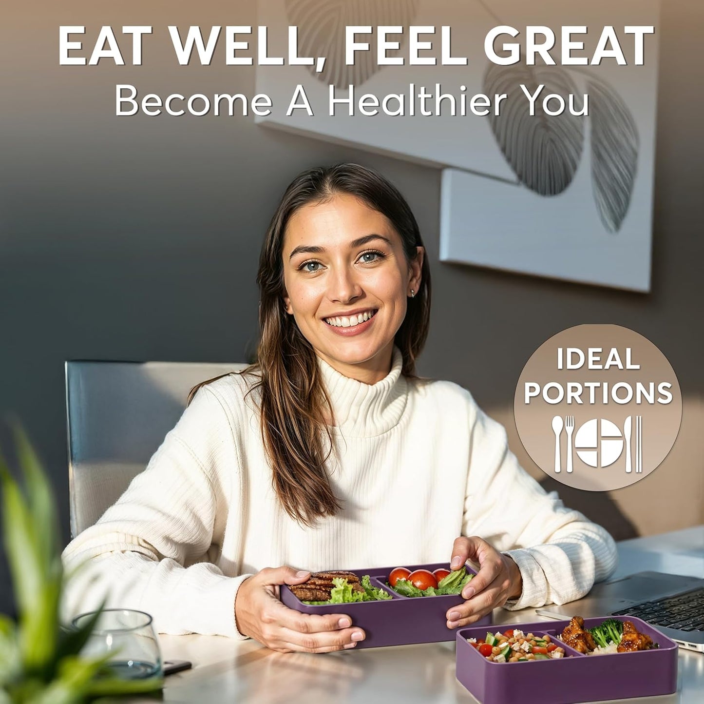 Umami Bento Box Adult All-In-1 w/4 Utensils, 2 Sauce Jars, 2 Dividers, 100% Leakproof, Microwave & Dishwasher Safe, Stackable Bento Lunch Box Containers for Men/Women, Royal Purple, 40 oz