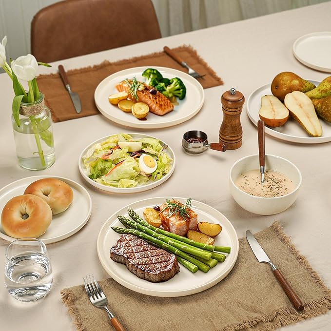 24 Pieces Farmhouse Stoneware Dinnerware Set for 8, Speckled Ceramic Plates and Bowls Set, Matte Terracotta Underside Ceramic Dish Set Scratch Resistant Microwave Dishwasher Safe (Amber Dusk)