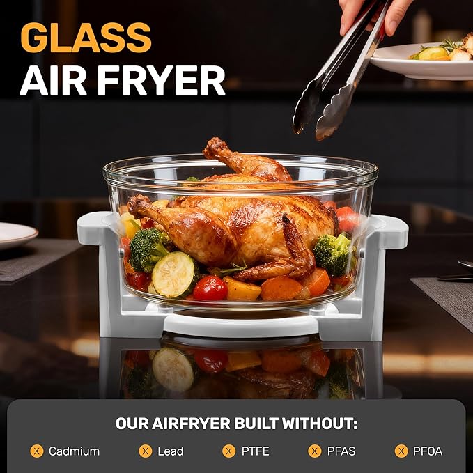 Big Boss 16Qt Large Glass Air Fryer Non Toxic – Family Sized Large Halogen Oven Cooker with 3 Cooking Sections, Stainless Steel Racks, French Fries, Chicken, No Preheat, Self Cleaning, Dishwasher Safe