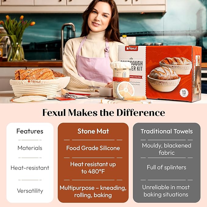 Sourdough Starter Kit with 9” Round & 10” Oval Banneton Bread Proofing Baskets, 24oz Starter Jar, Recipe Book & Tools – Complete Sourdough Bread Baking Supplies with Whisk, Scraper & Accessories