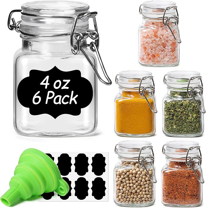 ComSaf 4 oz Glass Jars with Lid, Set of 6 Mini Airtight Glass Jars, Spice Jars, Small Mason Jar, Canning Jar Square with Seal Wire Clip Fastening, Labels & Funnels for Jam, Honey, Kitchen, Wedding
