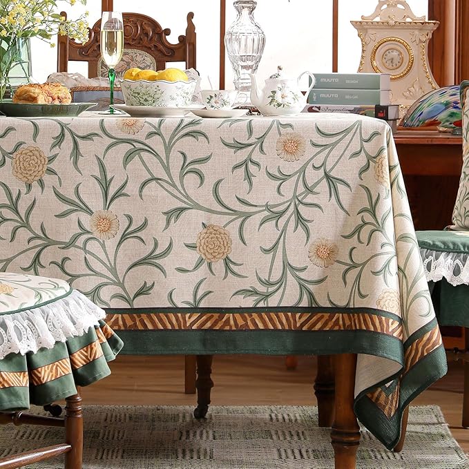 patdrea Designer French Linen Table Cloth for Rectangle Table,Vintage Fall Decorative Tablecloth,Floral Cover for Kitchen Dining Christmas,Tea Party,Thanksgiving,67"x118"-Littledaisy