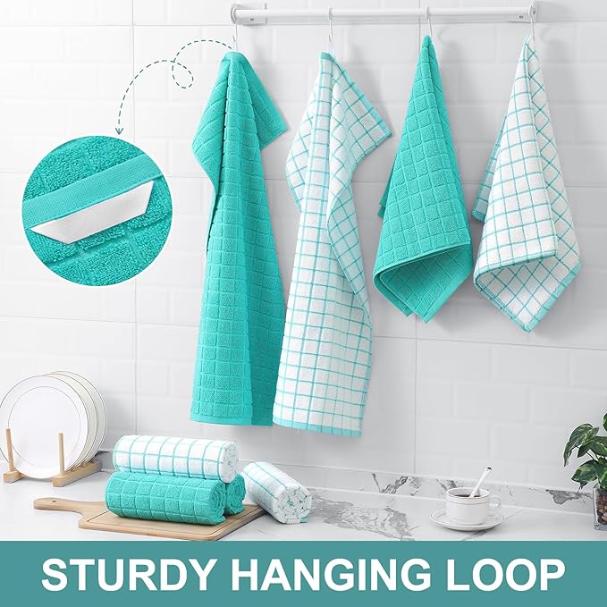 Homaxy Premium Cotton Kitchen Towels 16"x 28", Large Natural Ring Spun 390 GSM Dish Towels, Super Absorbent Terry Kitchen Hand Towels, Soft Tea Towel with Hanging Loop, Aqua Check Design, 8 Pack