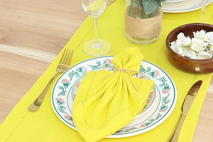 PurpleEssences Set of 12 Hemstitch Cloth Dinner Napkins 100% Cotton - Soft Durable Washable - Ideal for Wedding Fall Thanksgiving - Perfect Everyday Use Table Linen 18x18 - Yellow