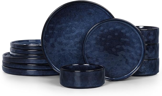 LIANYU 12 Piece Dinnerware Sets for 4, Stoneware Dish Dinner Set, Kitchen Dining Plates and Bowls, Ceramic Tableware Dishware, Microwave & Dishwasher Safe, Cetacean Blue