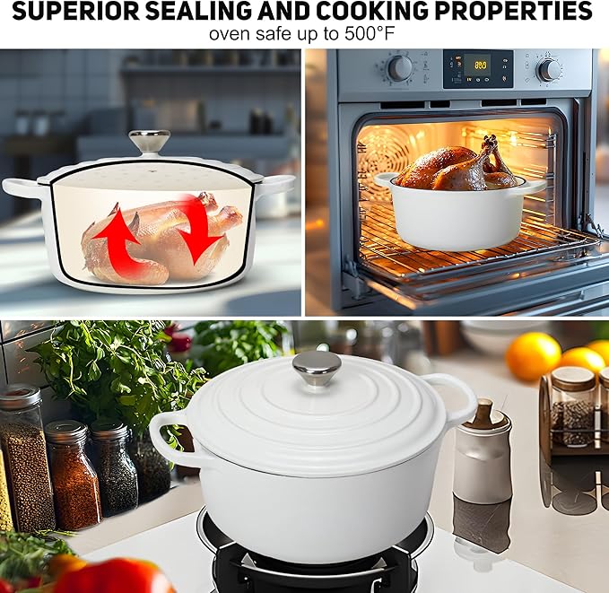 5QT Enameled Cast Iron Bread Oven with Proofing Basket for Bread Baking, Bread Making Supplies Tools,Heavy-Duty Cookware for Braising, Stews, Roasting, Bread Baking (White)