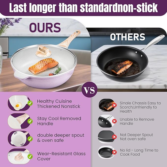 AOSION 12 Inch Nonstick Ceramic Deep Frying Pan,5.5QT Sauté Pan with lid,Large Skillet with Steam Rack,Healthy Jumbo Cooker,Stay Cool Handle,Induction Compatible, PFOA & PFAS Free,Purple.