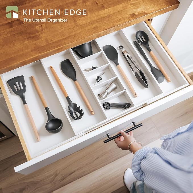 KitchenEdge Adjustable Kitchen Drawer Organizer for Utensils and Junk, Food-Safe Contract Grade with 100% Sustainable Wood, Expandable from 19 to 33 Inches Wide - White Bamboo