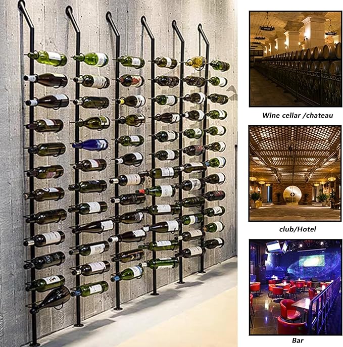 Wine Rack Wall Mounted, 72.8in High Metal Wine Bottle Holder for 12 Bottles, Kitchen Organization and Wine Storage for Commercial Restaurants Pantry Bar Wine Cellar (Black, Four rows-48 Bottles)