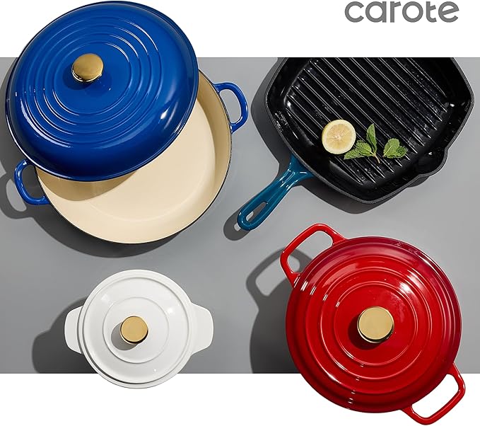 CAROTE 2QT Enameled Cast Iron Dutch Oven Pot with Lid, Mini Round Dutch Oven for Small Sourdough Bread, Stews, Soups, Sauces, Beans, Rice, Serves 1-2, Dual Handles, Healthy & Non-Toxic, All Stovetop Compatible, Oven Safe up to 500° F, White