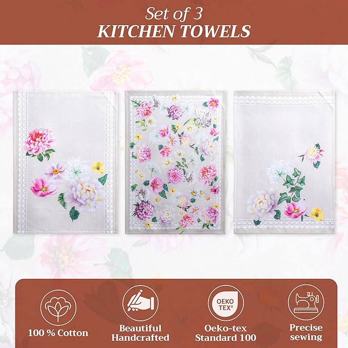 Maison d' Hermine Kitchen Towels Set of 3 100% Cotton 27.50" x 20" Reusable Cloth Tea Dish Towels Absorbent with Hanging Loop for Kitchen, Home, Dining, Cocktail Parties Spring/Summer (Pivoine)