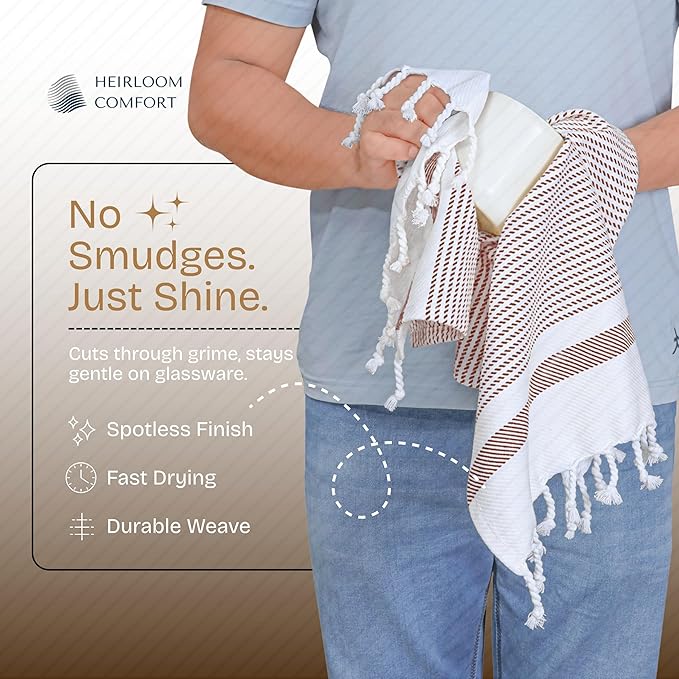 Brown Turkish Kitchen Towels 16x26 Inch, 3 Pack, 100% Cotton, Ultra Absorbent, Soft, Fast Dry, Machine Washable, Dish Towel with Tassels for Drying Dishes, Cleaning, Everyday Use