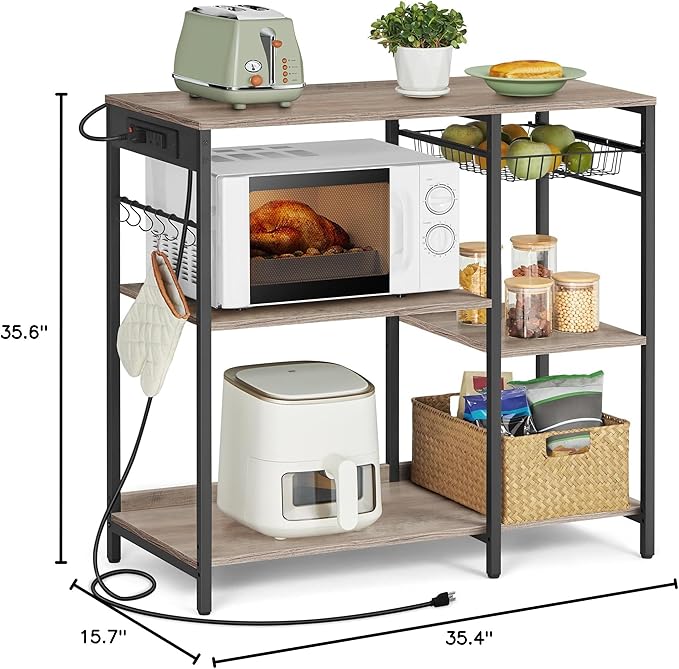 VASAGLE Baker's Rack, Coffee Bar Stand with Charging Station, Storage Shelves, Pull-Out Wire Basket, Table for Microwave, Kitchen, Greige UKKS036K02, 15.7 x 35.4 x 35.6 Inches