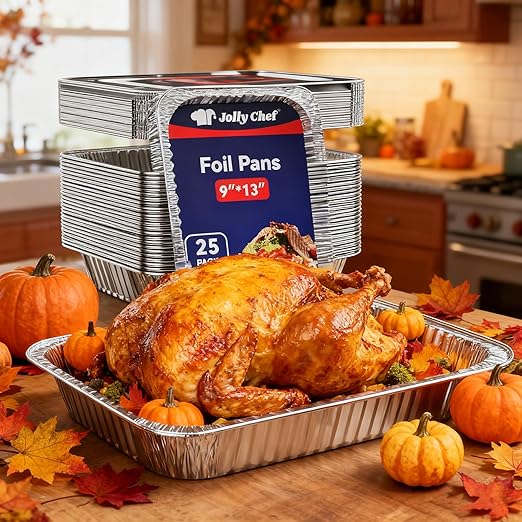 JOLLY CHEF 9x13 Aluminum Pans With Lids (25 Pack)- Disposable Foil Food Containers with Lids for Cooking, Heating, Storing, Prepping Food- Thanksgiving, Christmas, Parties