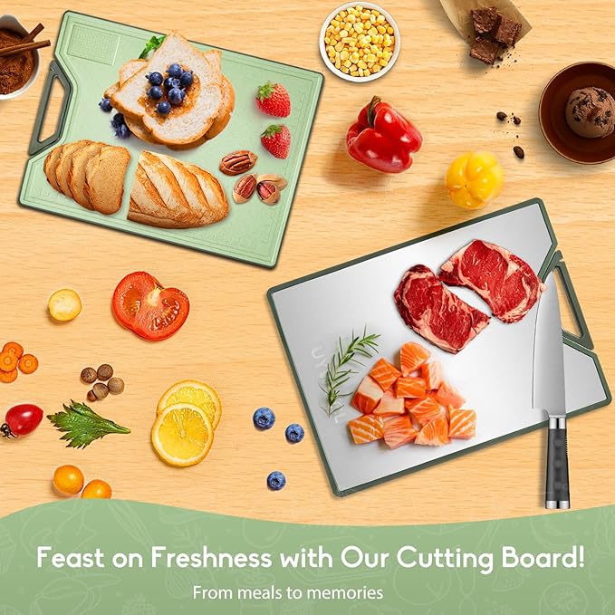 Titanium Cutting Board – Double Sided Cutting Boards for Kitchen, Pure Titanium & Wheat Straw PP, Food-Grade Metal Chopping Board, Easy to Clean Large Size 16"x11" (Green & Silver)