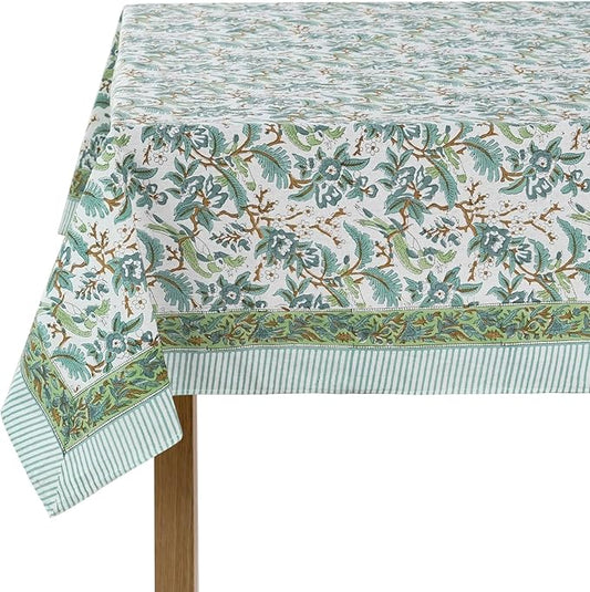 Ridhi Sage and Russian Green Hand Block Print Cotton Rectangle Tablecloth 160 x 72 inch-Reusable Table Cover Decorative Everyday Use for Dining Room, Farmhouse, Thanksgiving, Christmas Wedding, Fall