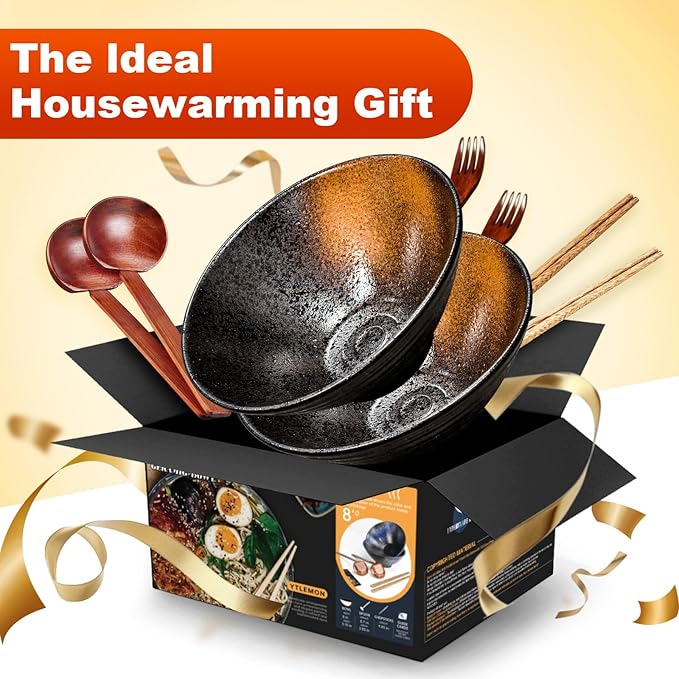 8-Inch Large Ceramic Ramen Bowl Set of 2 (9 Piece) - Microwave & Dishwasher Safe Porcelain Japanese Salad Noodles Cereal Fruit Pasta Soup Bowls with Recipes Chopsticks Forks Spoons for Men Women Gift