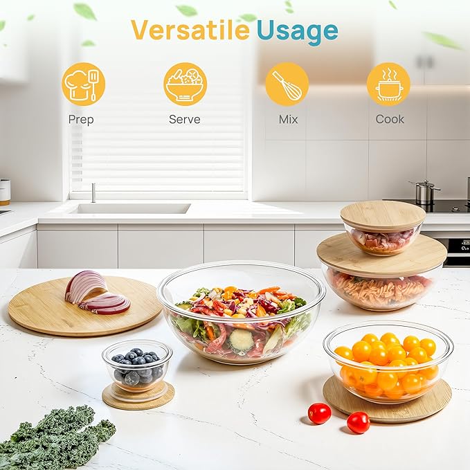Vtopmart 5 Pack Glass Mixing Bowls with Bamboo Lids Set (3.75/2.1/1.1/0.5/0.2 QT), Salad Bowl Set, Nesting Kitchen Bowls for Serving, Prepping, Cooking and Baking, Dishwasher & Microwavable Safe
