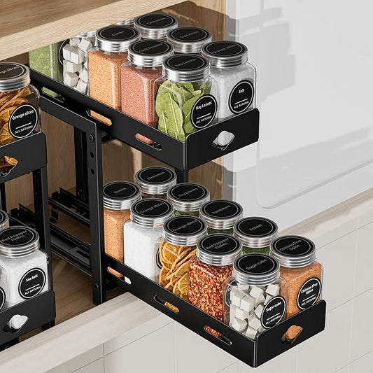 Pull Out Spice Rack Organizer, 2-Tier Vertical Spice Rack, Height Adjustable for Kitchen Cabinet (5.3''Wx10.8''Dx9.2''H, Metal Black)