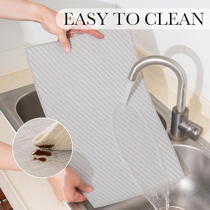 BACKTOEDEN Placemats Set of 12 Heat Resistant Washable Wipeable Placemat Woven Non-Slip Foldable Vinyl/Plastic Place Mats Indoor/Outdoor Mat Kitchen Dining Table Pad, Light Gray Twill