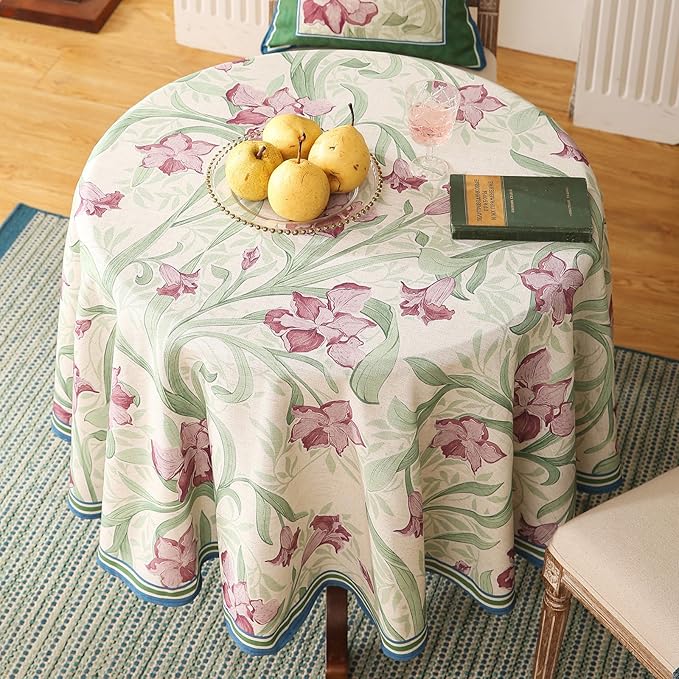 patdrea Designer Purple Tablecloth for Round Tables,Framhouse Linen Violets and Leaves Pattern Linen Tablecloth,Elegant Floral Table Cover Cloth Decor for Kitchen Dining Christmas,Diameter 55"