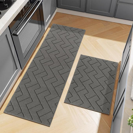 hicorfe Kitchen Rugs and Mats Sets,2 Pieces Super Absorbent Polypropylene Non-Slip Rug,Soft Comfort Floor Mat,Washable for Kitchen,Hallway,Office,Sink,Laundry(24" x 35"+24" x 71",Grey)